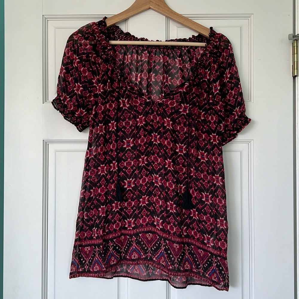Sheer Short Sleeve Geometric Pattern Silk Top Blouse